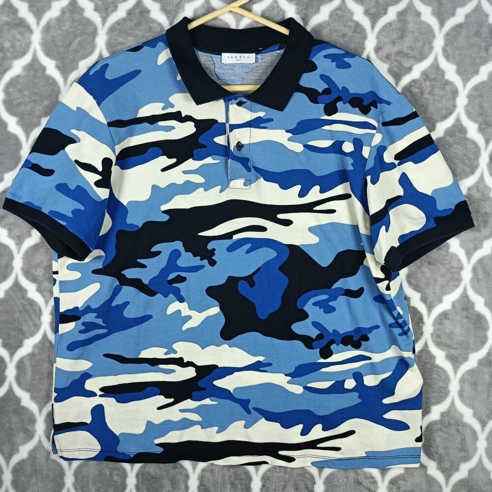 Sandro Paris Polo‎ Shirt Men Size Small Blue Camo Print Designer Short Sleeve